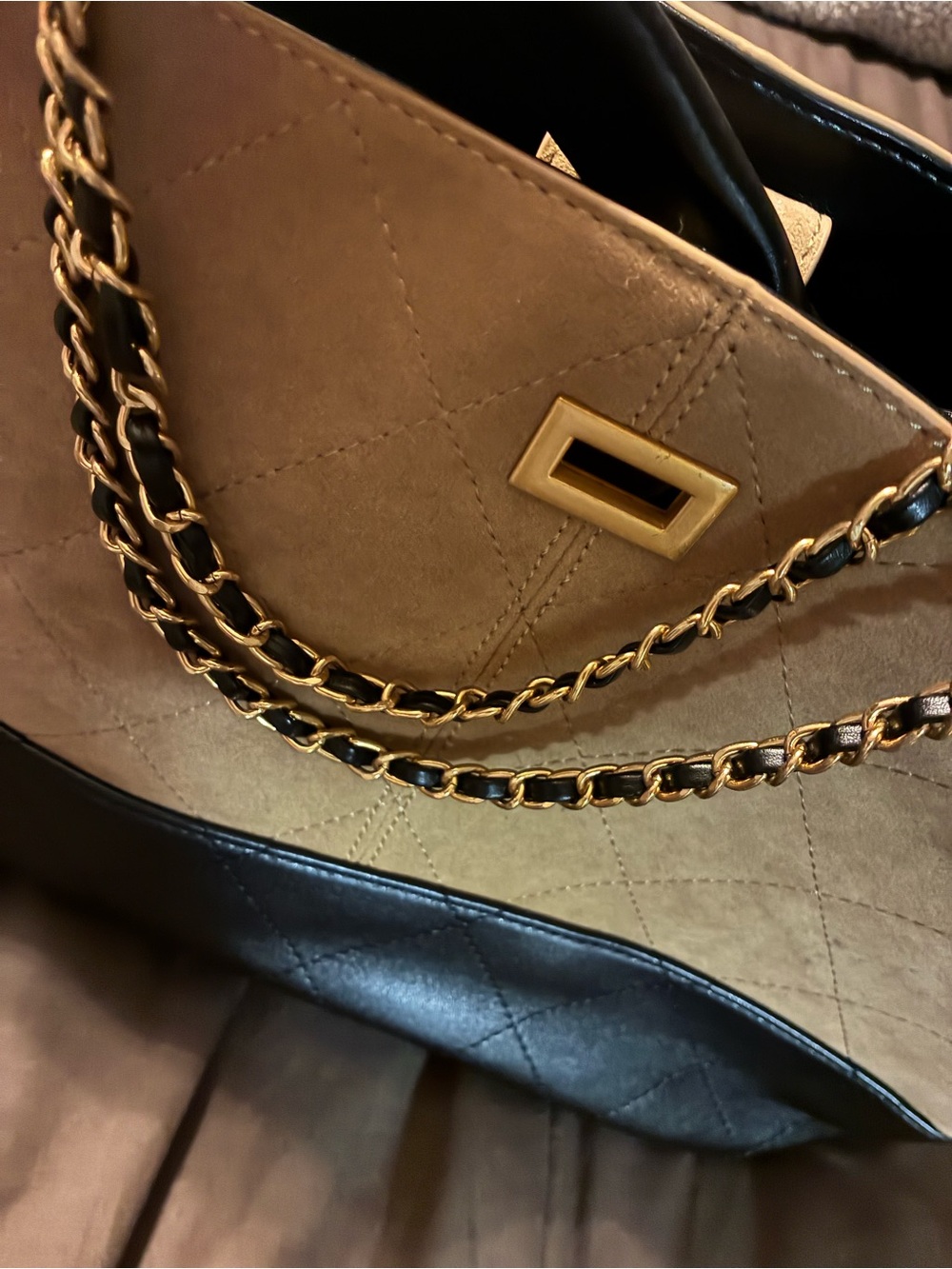 Quilted Chain-Shoulder Tote in Tan and Black